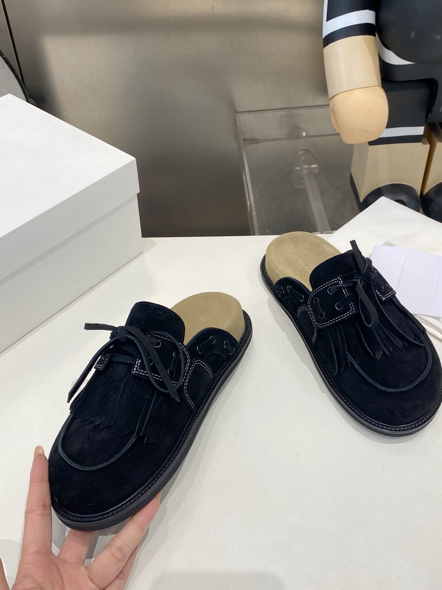 THE ROW 26S FRINGE LACE UP MULES IN BLACK SUEDE