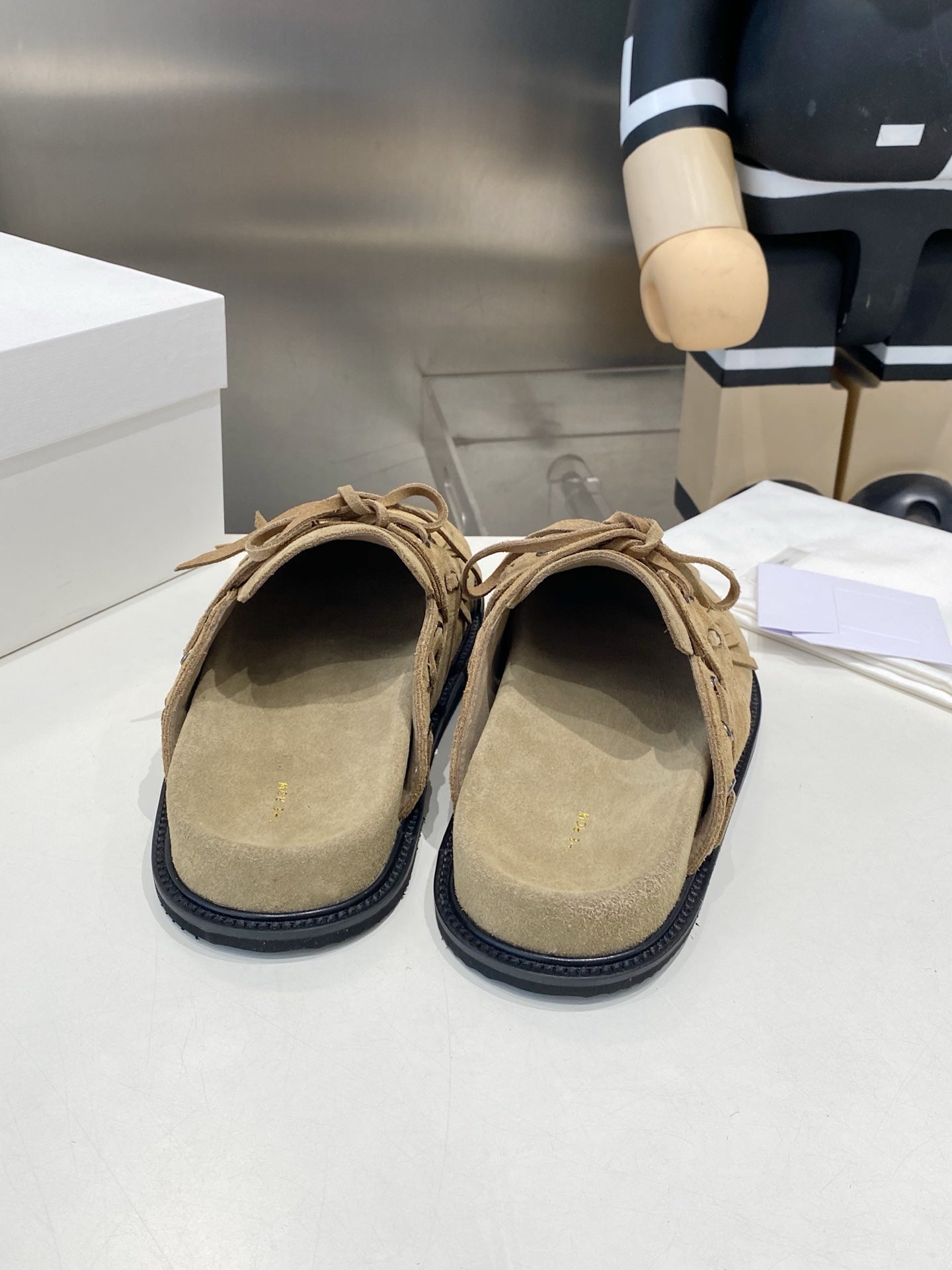 THE ROW 26S FRINGE LACE UP MULES IN SAND BEIGE SUEDE