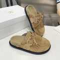 THE ROW 26S FRINGE LACE UP MULES IN SAND BEIGE SUEDE