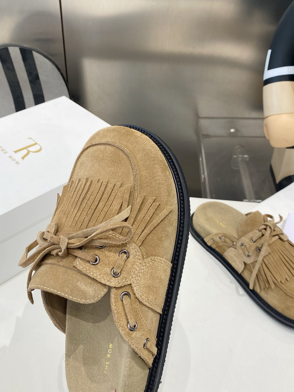 THE ROW 26S FRINGE LACE UP MULES IN SAND BEIGE SUEDE