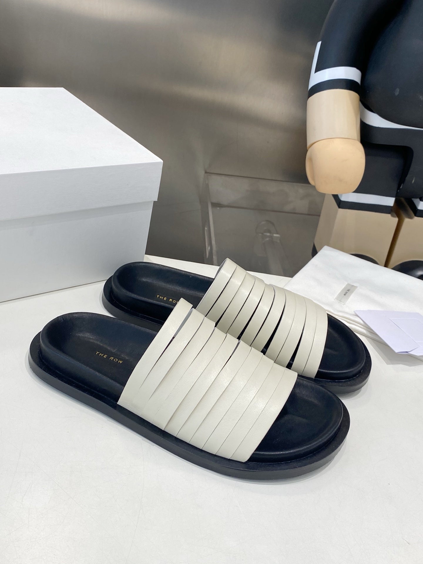 THE ROW 26S MULTI STRAP SLIDES IN WHITE CALFSKIN