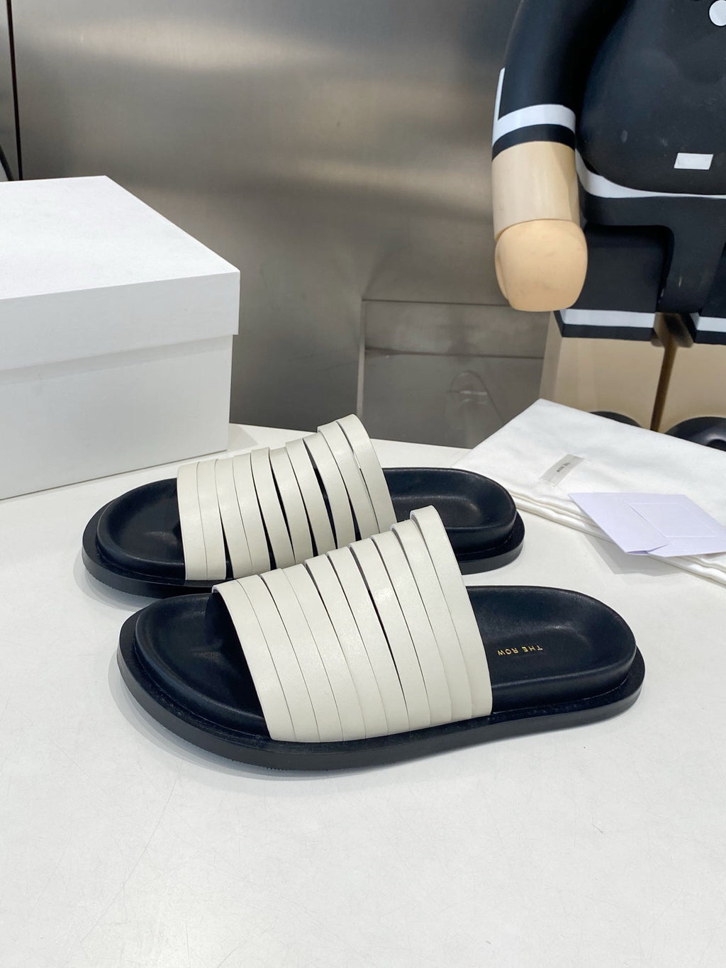 THE ROW 26S MULTI STRAP SLIDES IN WHITE CALFSKIN