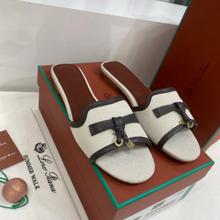 LP 26S SLIDES IN OFF-WHITE CANVAS AND DARK BROWN CALFSKIN