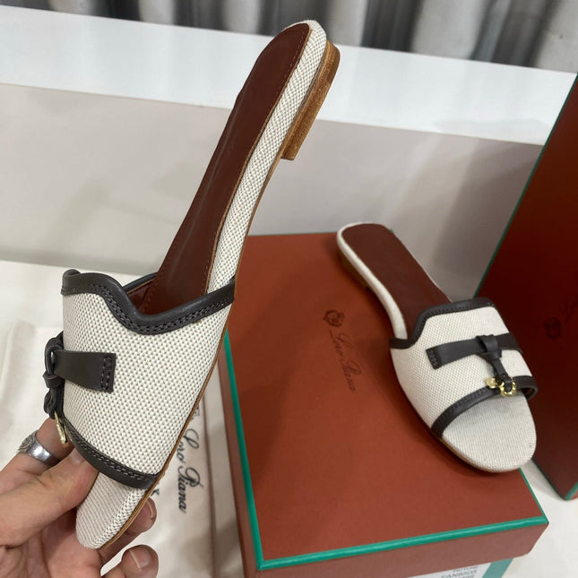 LP 26S SLIDES IN OFF-WHITE CANVAS AND DARK BROWN CALFSKIN