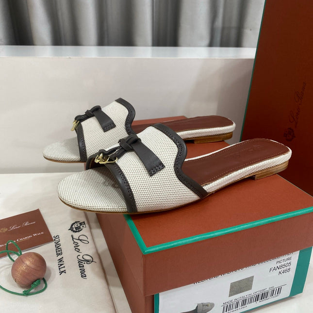 LP 26S SLIDES IN OFF-WHITE CANVAS AND DARK BROWN CALFSKIN
