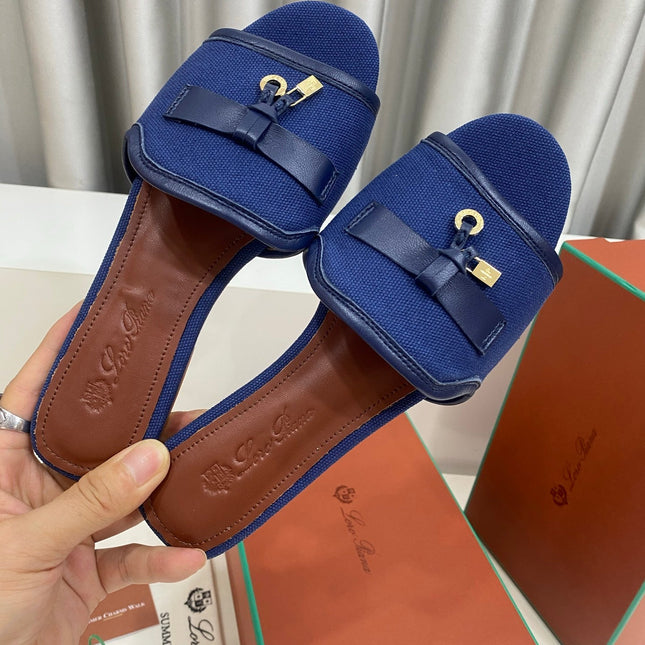 LP 26S SLIDES IN NAVY BLUE CANVAS AND CALFSKIN