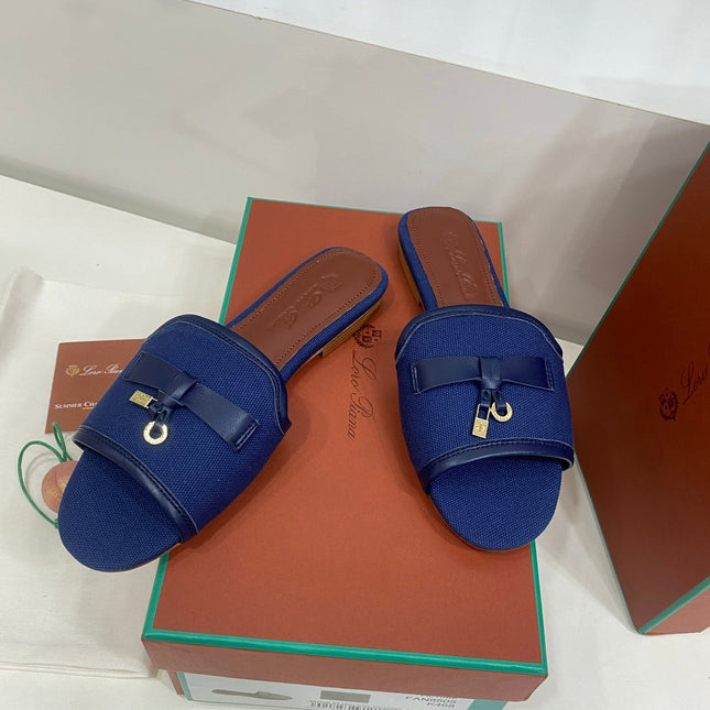 LP 26S SLIDES IN NAVY BLUE CANVAS AND CALFSKIN