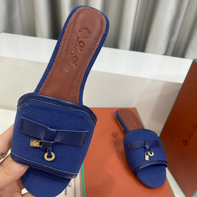 LP 26S SLIDES IN NAVY BLUE CANVAS AND CALFSKIN