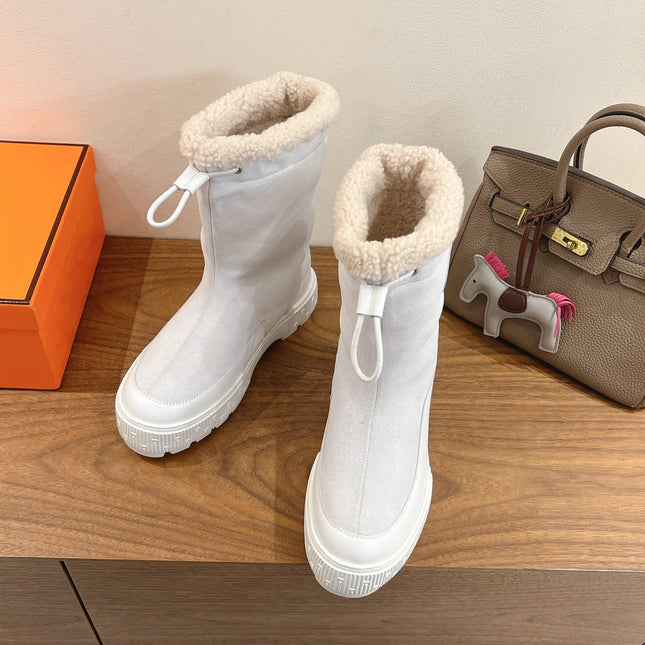HM 26S SHEARLING DRAWSTRING BOOTS IN WHITE SUEDE