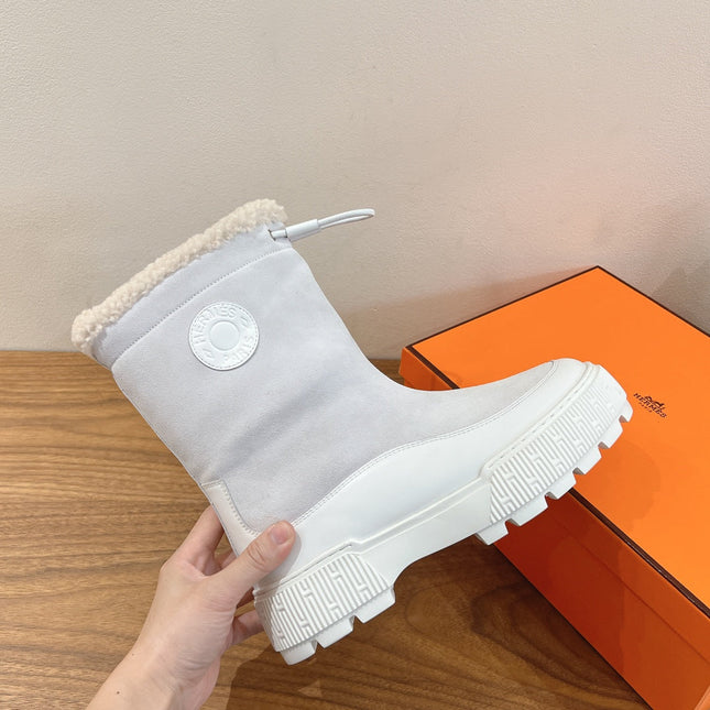 HM 26S SHEARLING DRAWSTRING BOOTS IN WHITE SUEDE