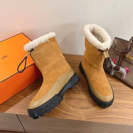 HM 26S SHEARLING DRAWSTRING BOOTS IN CAMEL BROWN MIX BEIGE SUEDE