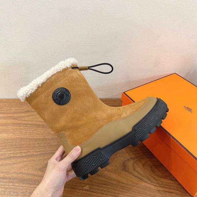 HM 26S SHEARLING DRAWSTRING BOOTS IN CAMEL BROWN MIX BEIGE SUEDE