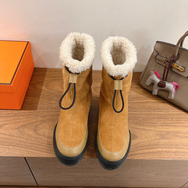 HM 26S SHEARLING DRAWSTRING BOOTS IN CAMEL BROWN MIX BEIGE SUEDE