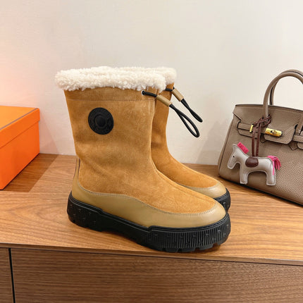 HM 26S SHEARLING DRAWSTRING BOOTS IN CAMEL BROWN MIX BEIGE SUEDE