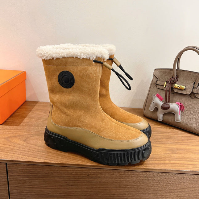 HM 26S SHEARLING DRAWSTRING BOOTS IN CAMEL BROWN MIX BEIGE SUEDE