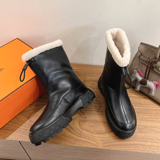 HM 26S SHEARLING DRAWSTRING BOOTS IN BLACK CALFSKIN