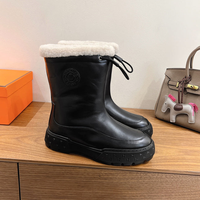 HM 26S SHEARLING DRAWSTRING BOOTS IN BLACK CALFSKIN