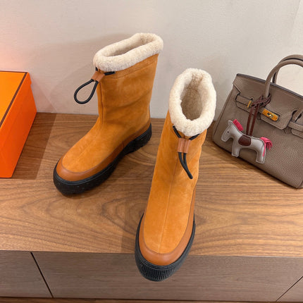 HM 26S SHEARLING DRAWSTRING BOOTS IN CAMEL BROWN SUEDE