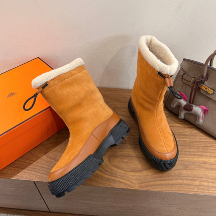 HM 26S SHEARLING DRAWSTRING BOOTS IN CAMEL BROWN SUEDE
