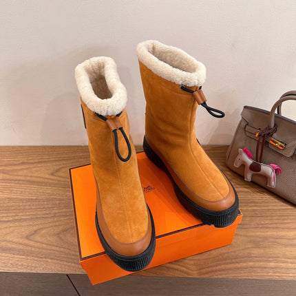 HM 26S SHEARLING DRAWSTRING BOOTS IN CAMEL BROWN SUEDE