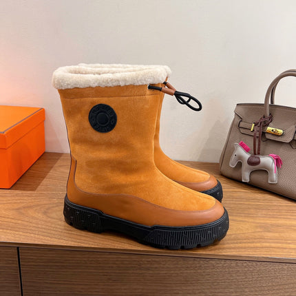 HM 26S SHEARLING DRAWSTRING BOOTS IN CAMEL BROWN SUEDE