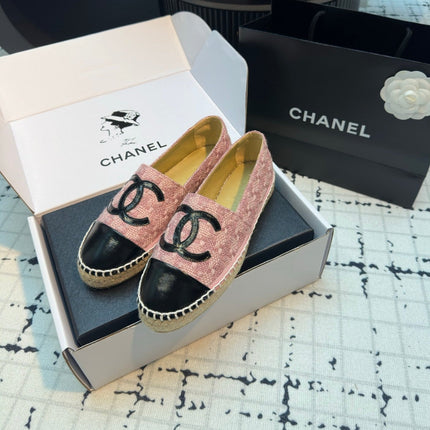 ESPADRILLES LOAFERS IN LIGHT PINK TWEED AND BLACK LAMBSKIN