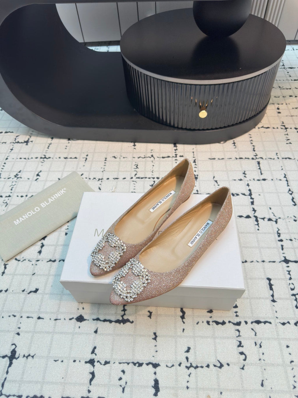 Hangisi 20 Ballet Flat Beige Glitter Fabric Leather Jewel Buckle 912605