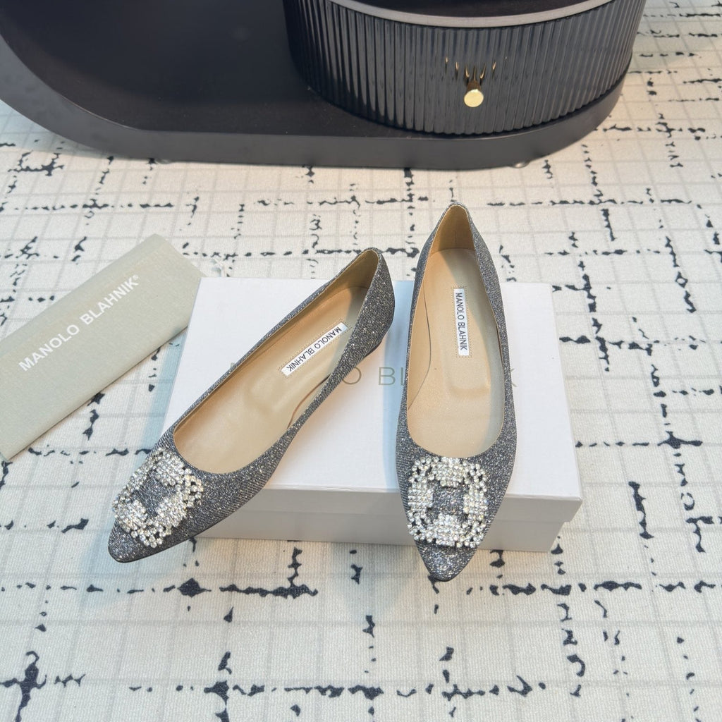 Hangisi 20 Ballet Flat Silver Glitter Fabric Leather Jewel Buckle 912607