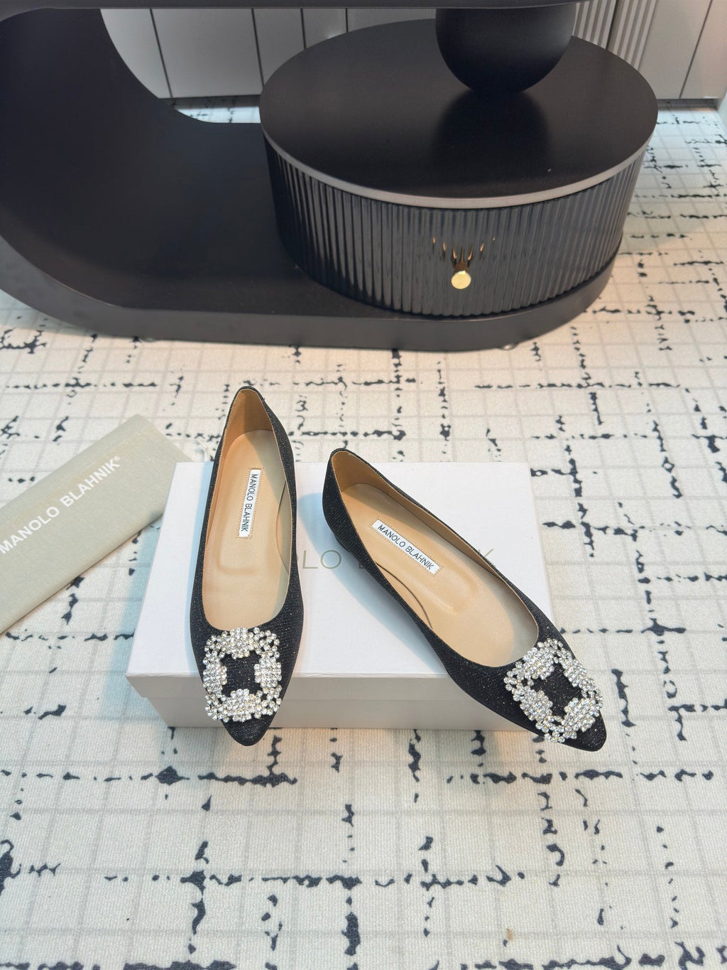 Hangisi 20 Ballet Flat Black Glitter Fabric Leather Jewel Buckle 912608