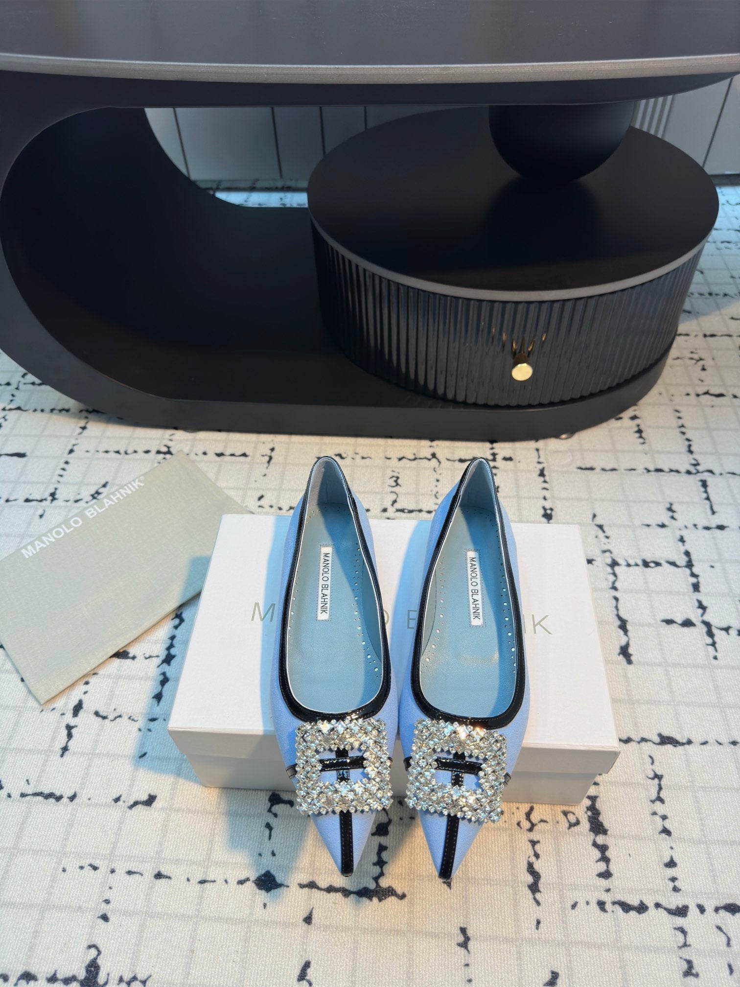 MANOLO BLAHNIK HANGISI FLAT BALLERINA SHOES IN BLUE WITH CRYSTAL BUCKLE