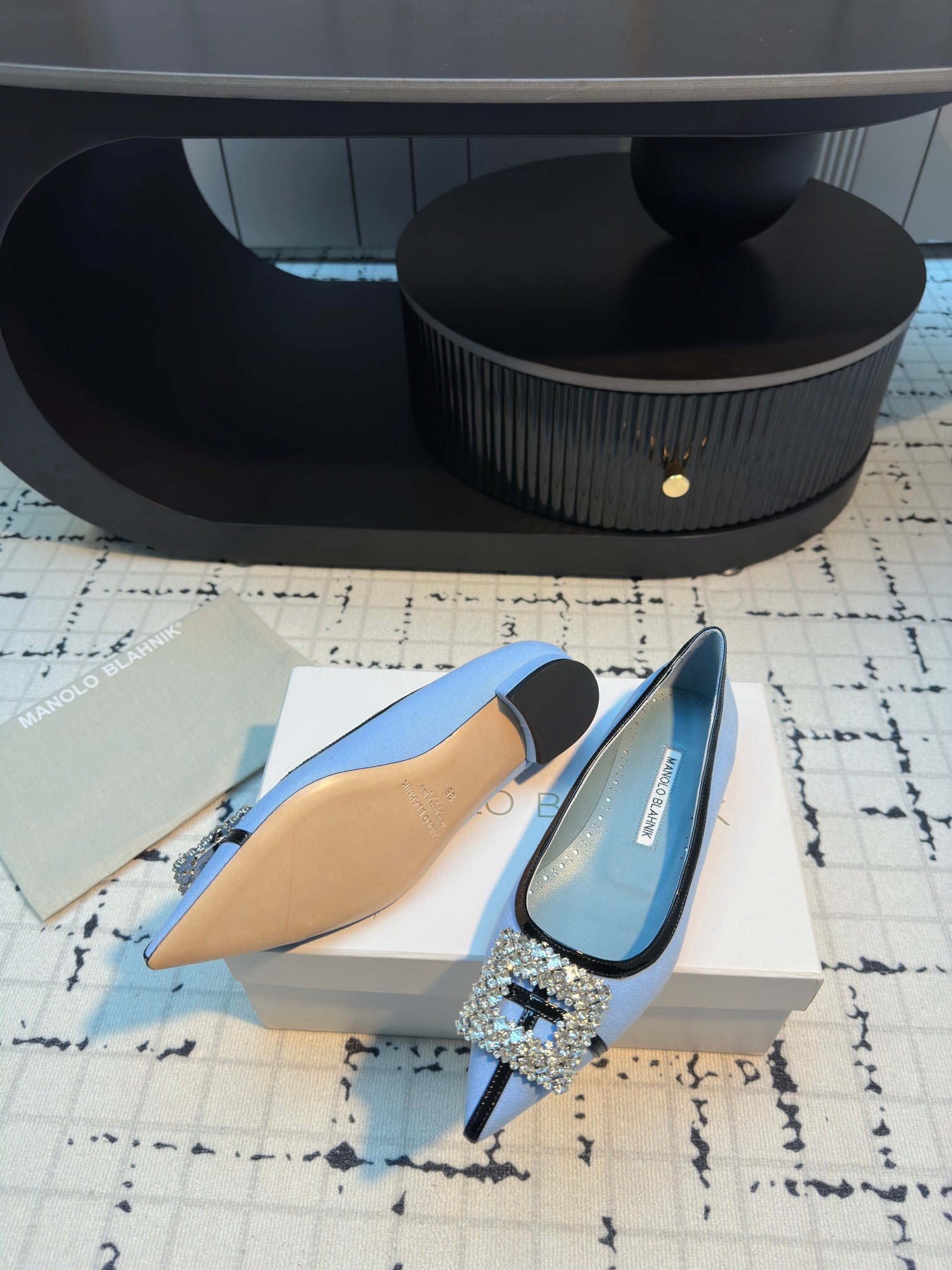 MANOLO BLAHNIK HANGISI FLAT BALLERINA SHOES IN BLUE WITH CRYSTAL BUCKLE