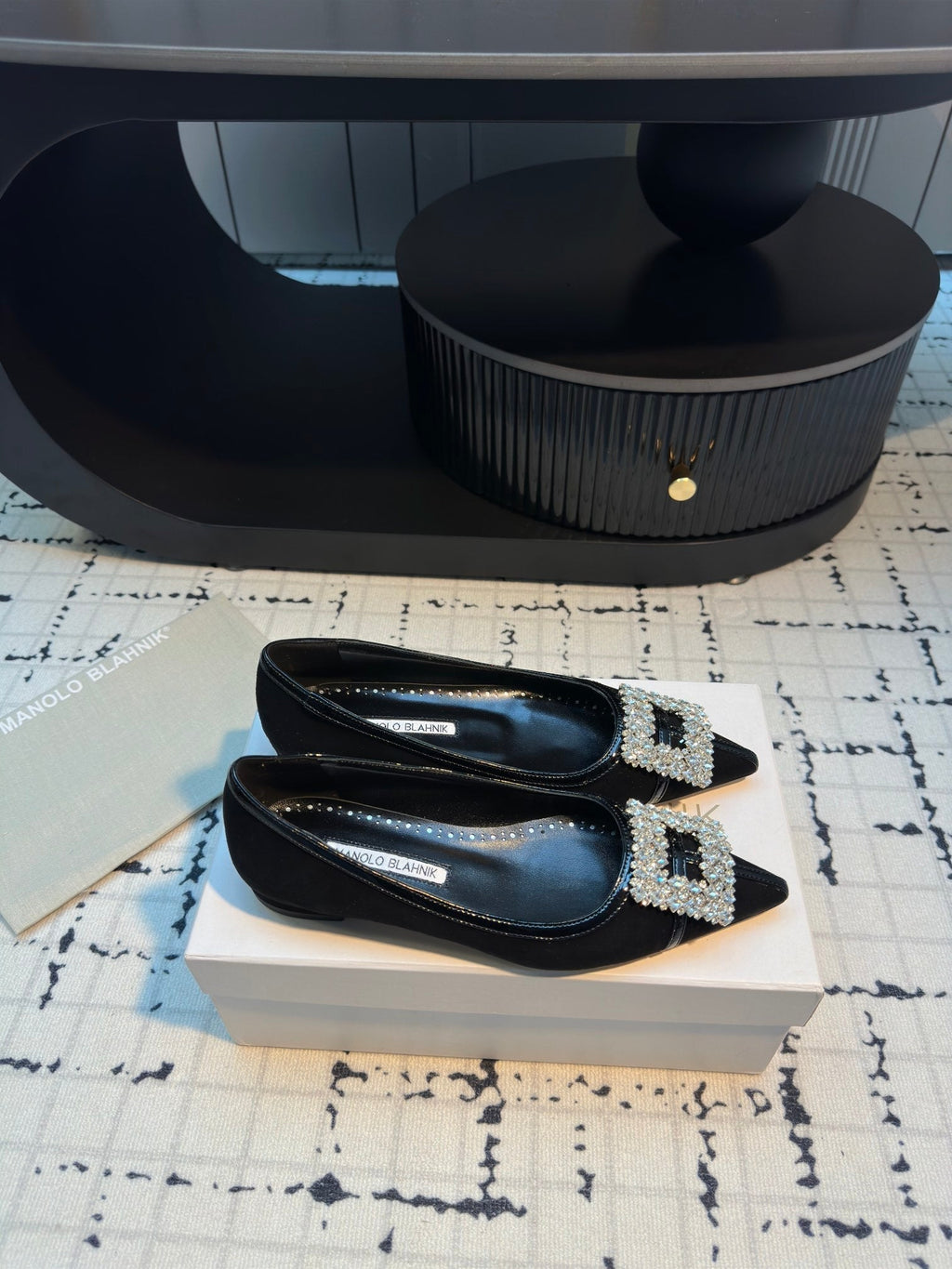 Hangisi 10mm Ballet Flat Black Linen and Leather Jewel Buckle 161063