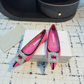 Hangisi 10mm Ballet Flat Dark Pink Linen with Black Leather Jewel Buckle 161065