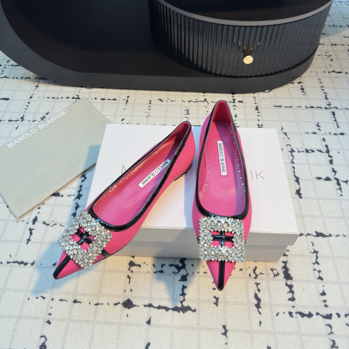 Hangisi 10mm Ballet Flat Dark Pink Linen with Black Leather Jewel Buckle 161065