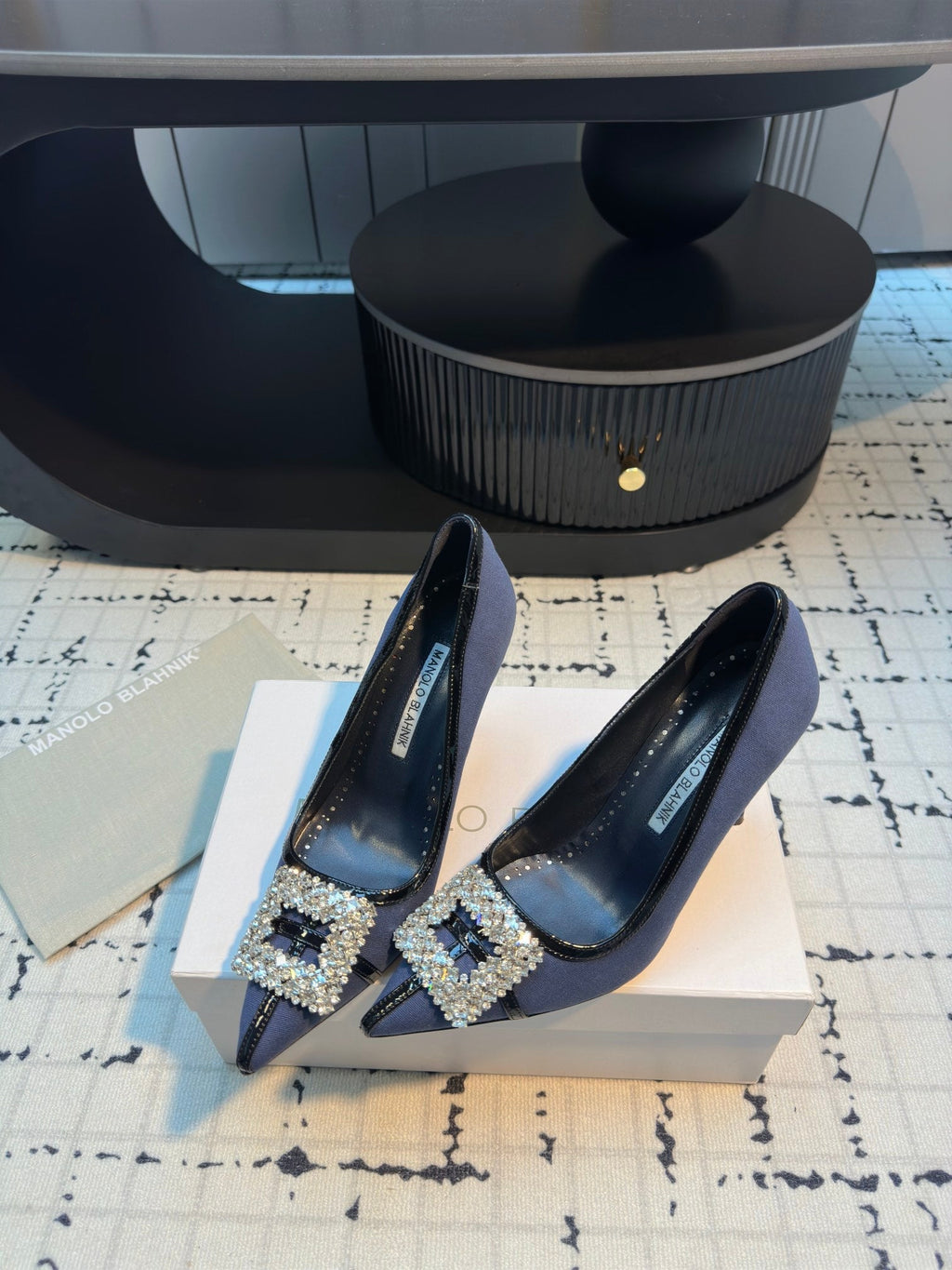 Hangisi 100 Dark Blue Linen with Black Leather Jewel Buckle Pumps 161070
