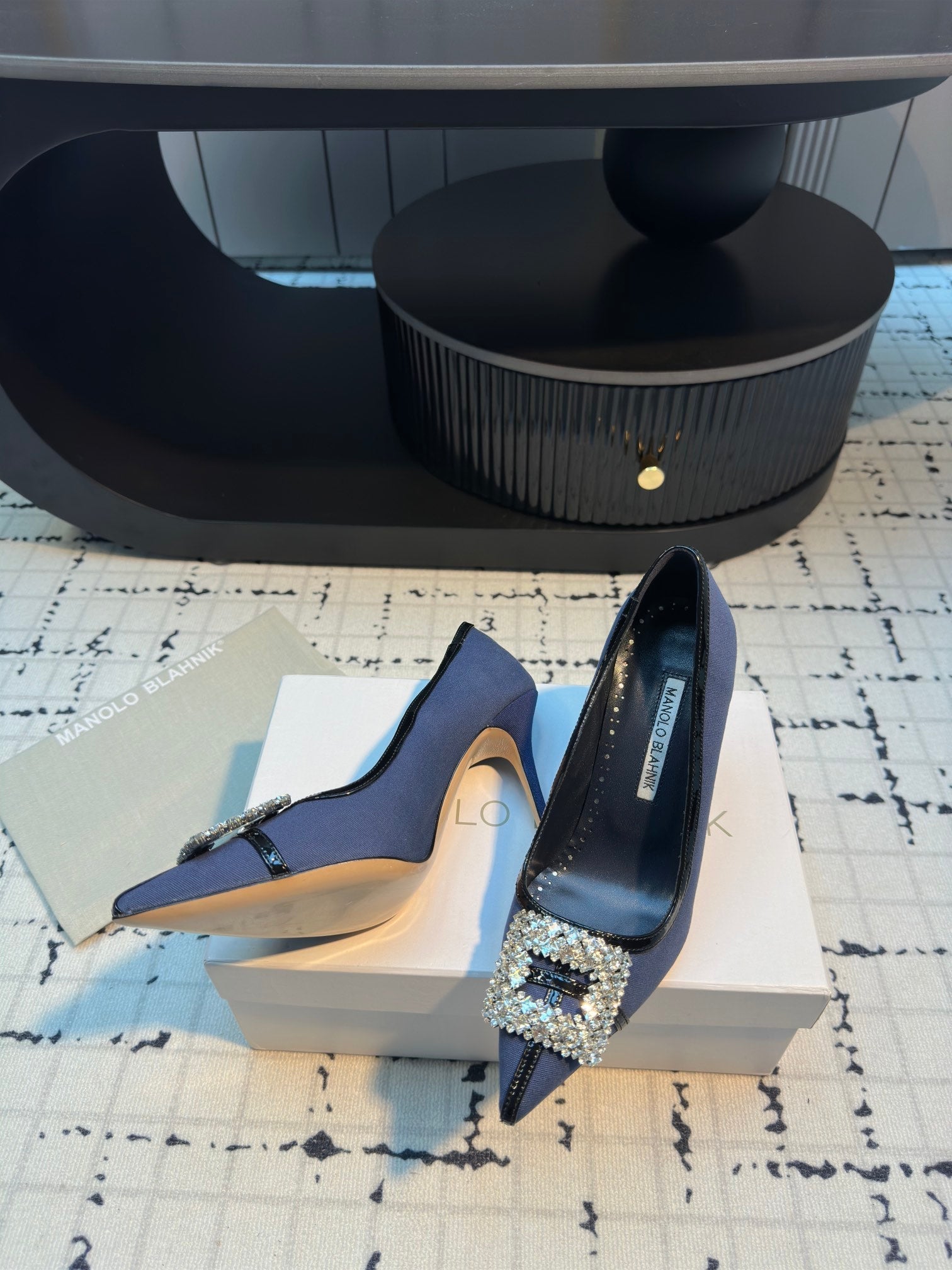 Hangisi 100 Dark Blue Linen with Black Leather Jewel Buckle Pumps 161070