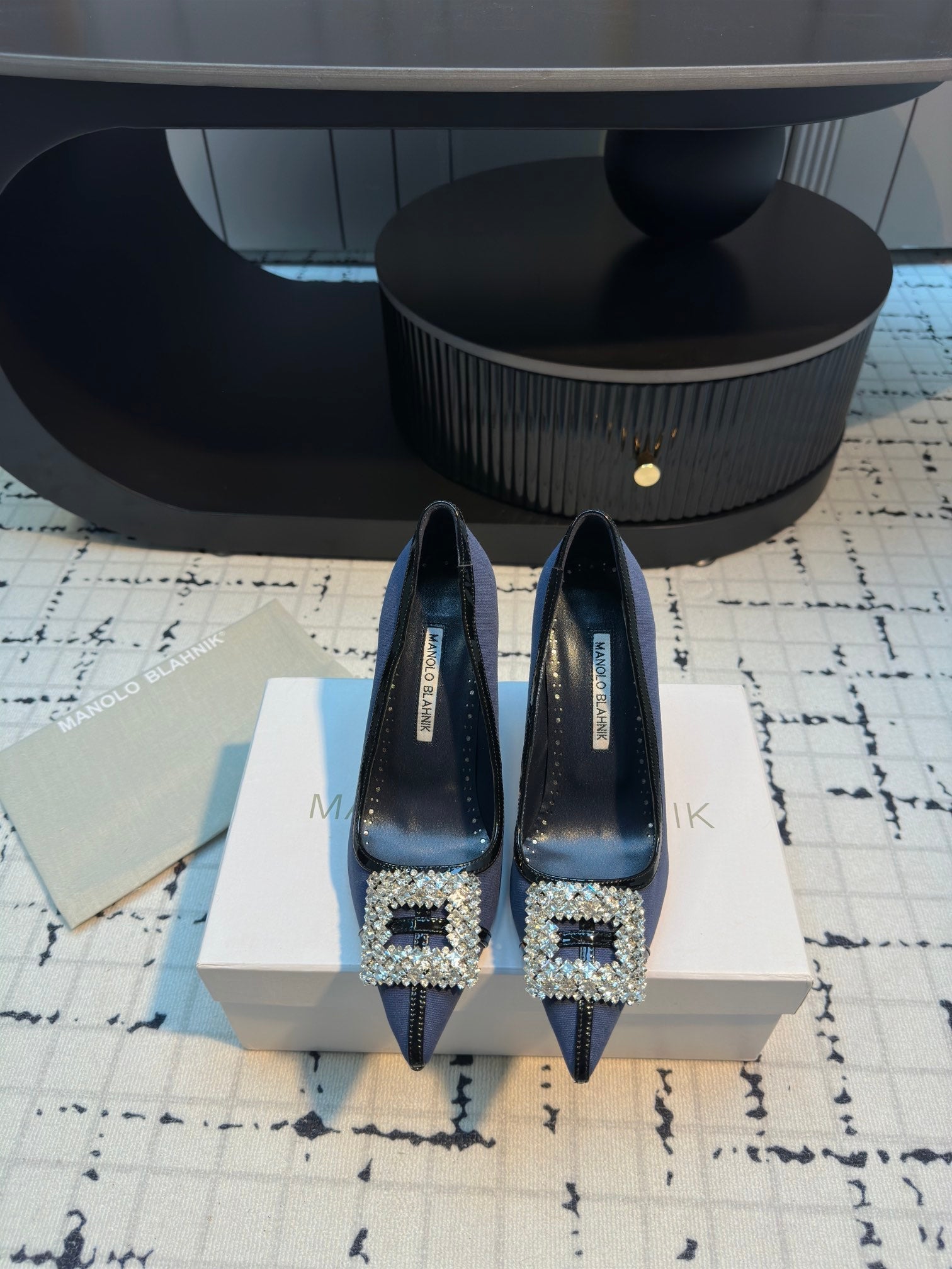 Hangisi 100 Dark Blue Linen with Black Leather Jewel Buckle Pumps 161070