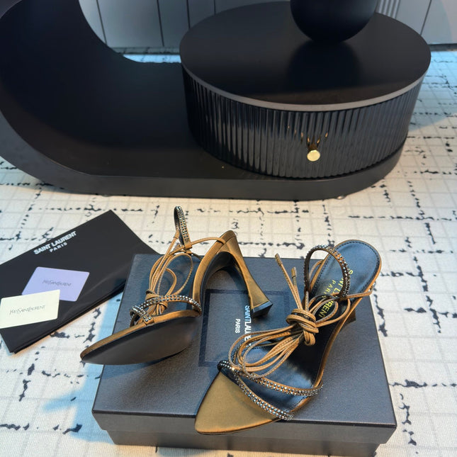 HIGH HEEL SANDALS WITH SHINY RHINESTONES STRAP IN GOLDEN BROWN SILK