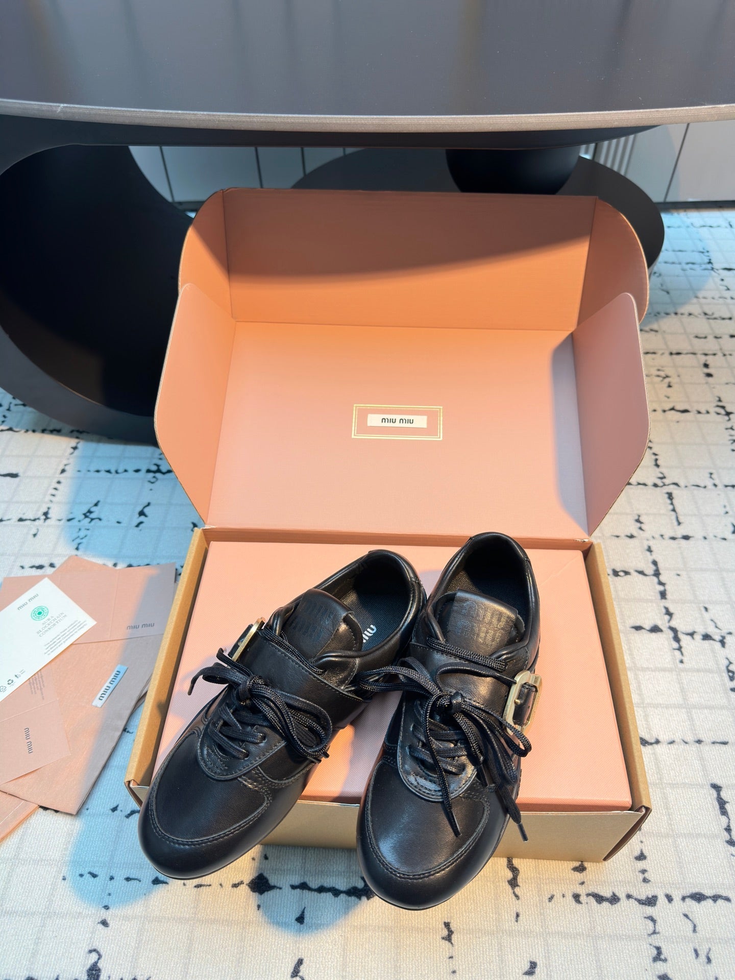 MIUMIU 26S LACE UP SNEAKERS IN BLACK CALFSKIN BUCKLE STRAP DETAIL