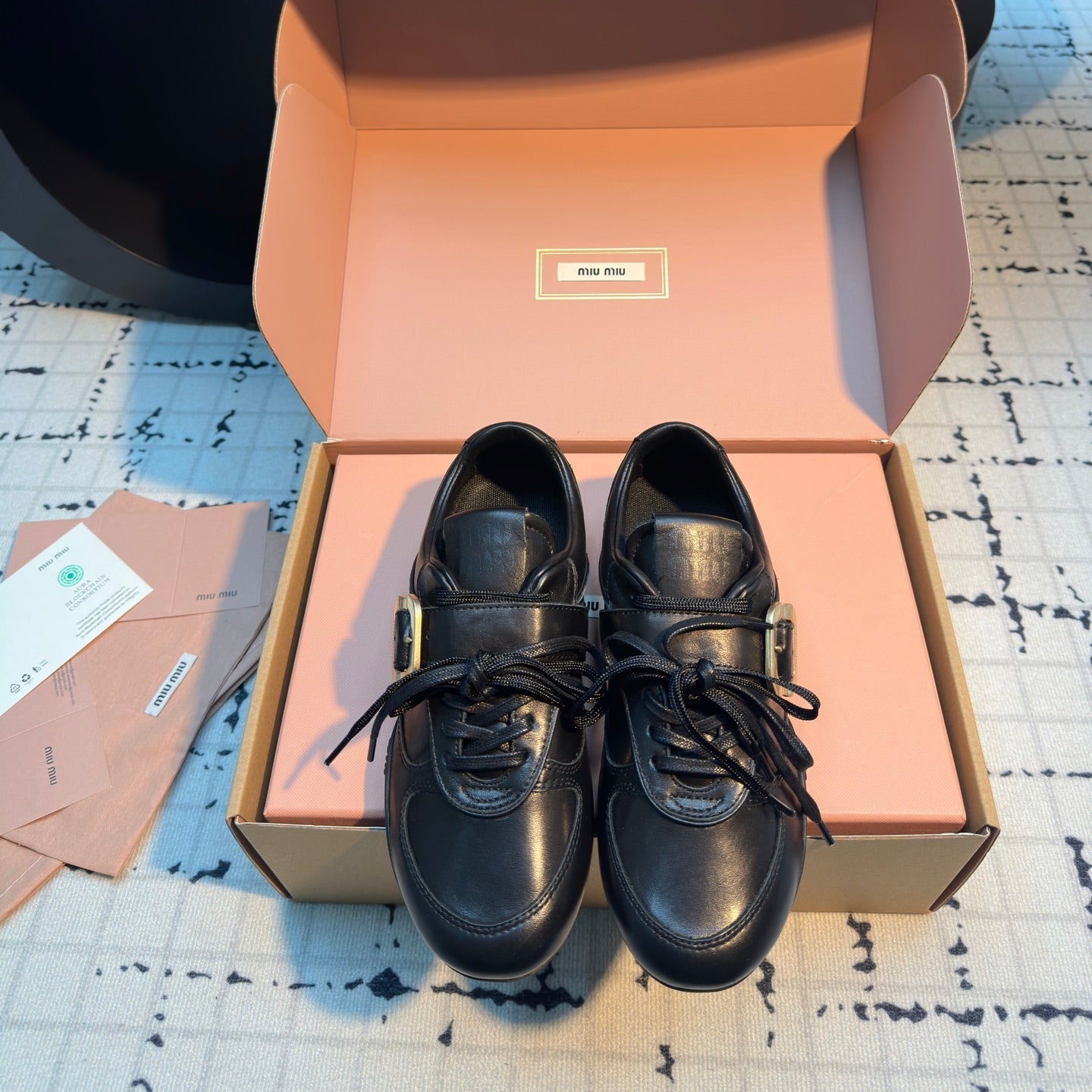 MIUMIU 26S LACE UP SNEAKERS IN BLACK CALFSKIN BUCKLE STRAP DETAIL
