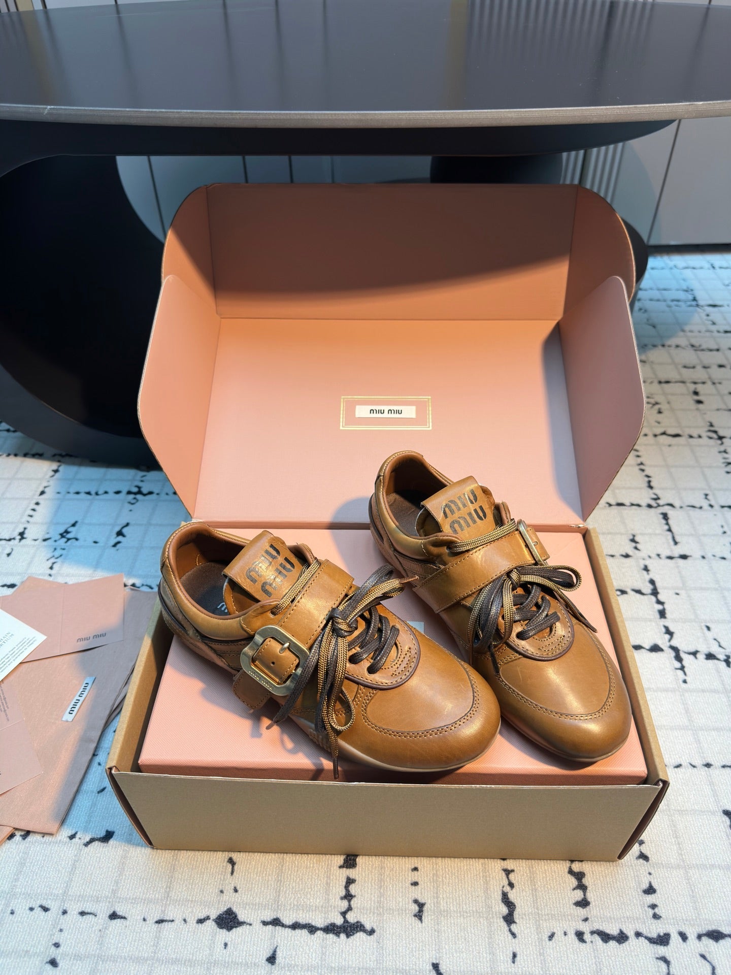 MIUMIU 26S LACE UP SNEAKERS IN BROWN CALFSKIN BUCKLE STRAP DETAIL