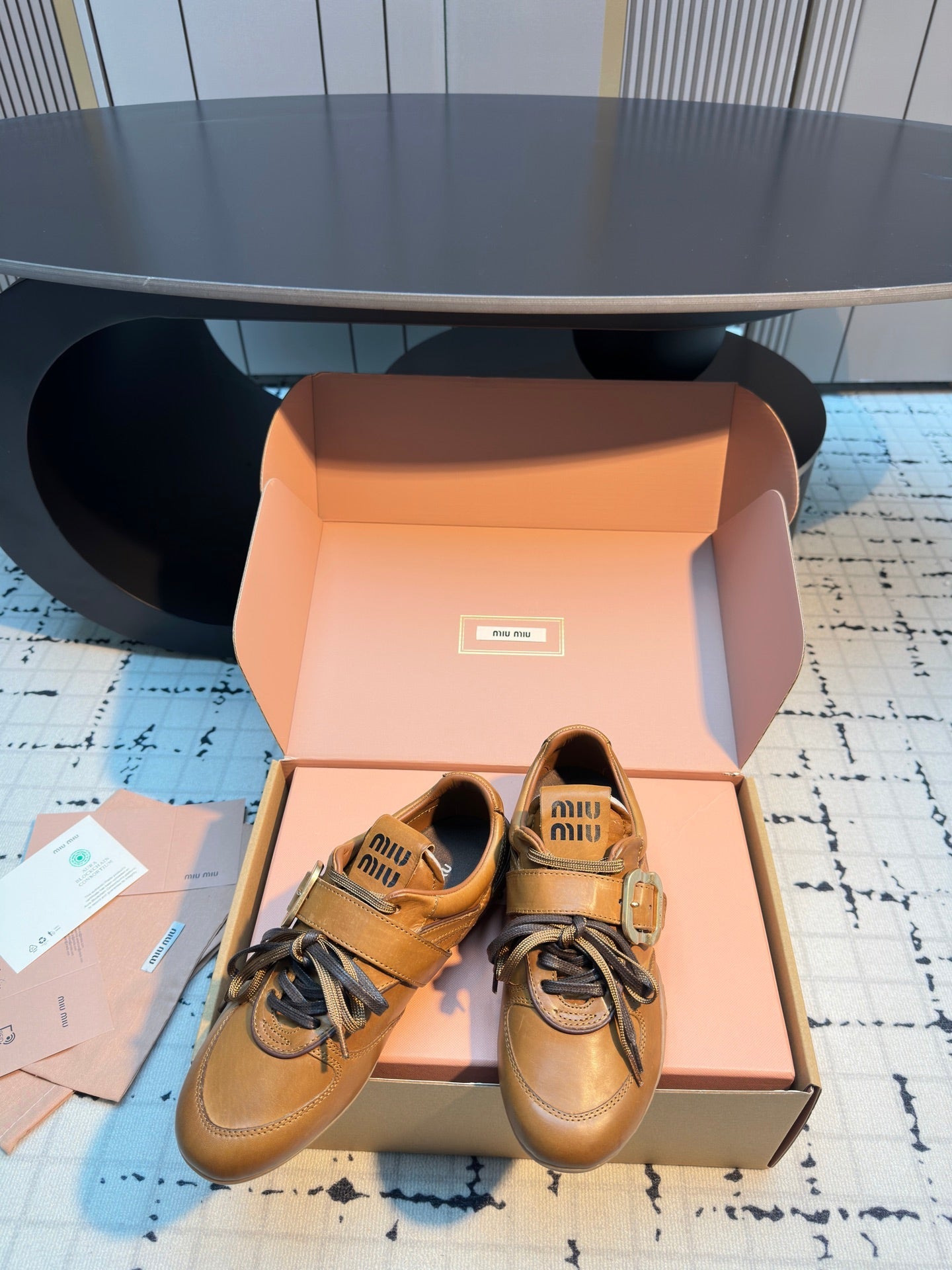 MIUMIU 26S LACE UP SNEAKERS IN BROWN CALFSKIN BUCKLE STRAP DETAIL