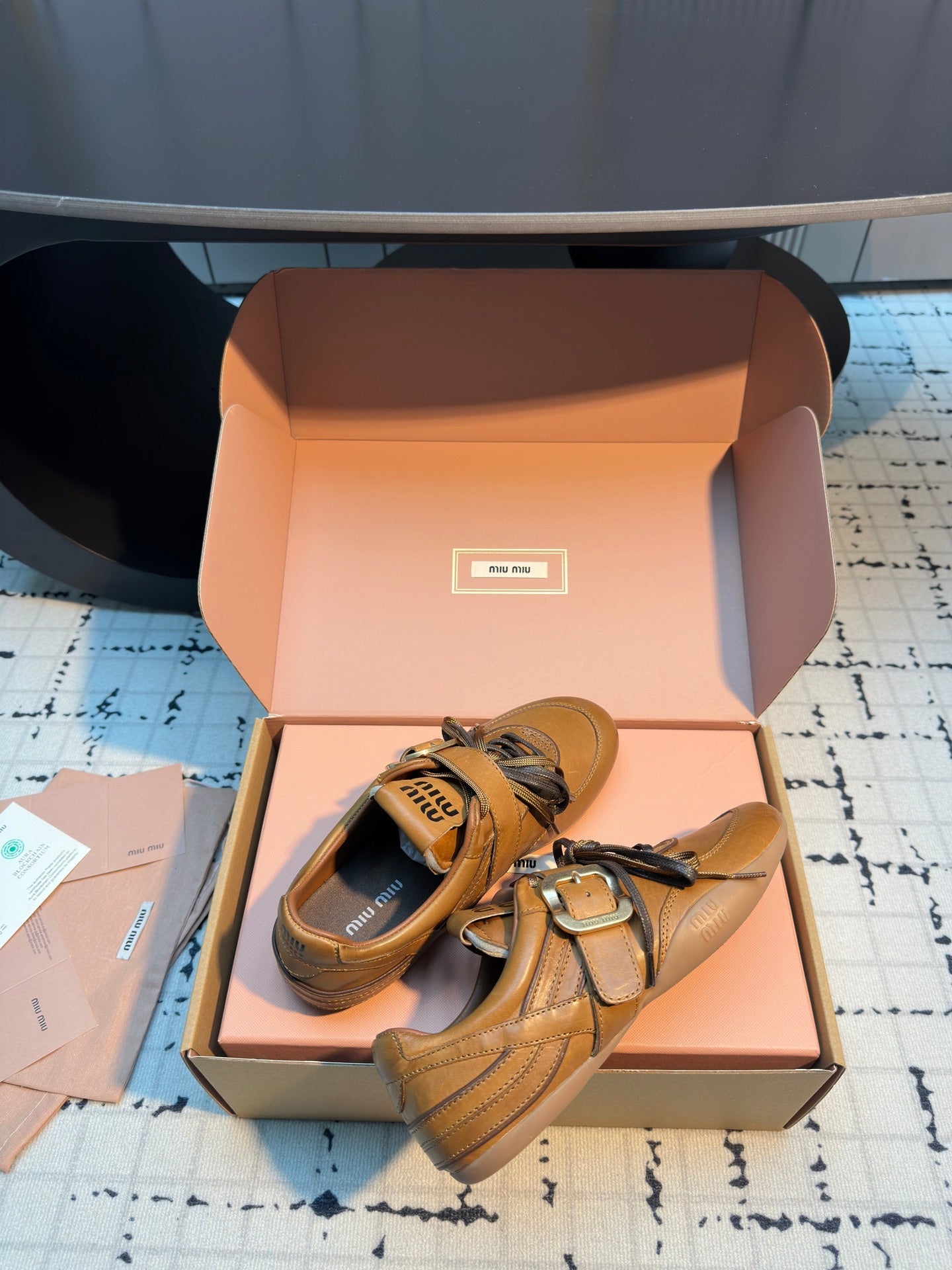 MIUMIU 26S LACE UP SNEAKERS IN BROWN CALFSKIN BUCKLE STRAP DETAIL