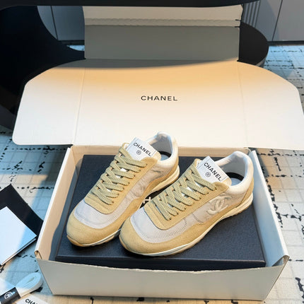 CHANEL 26S CHUNKY SNEAKERS IN LIGHT GREY FABRIC AND YELLOW SUEDE