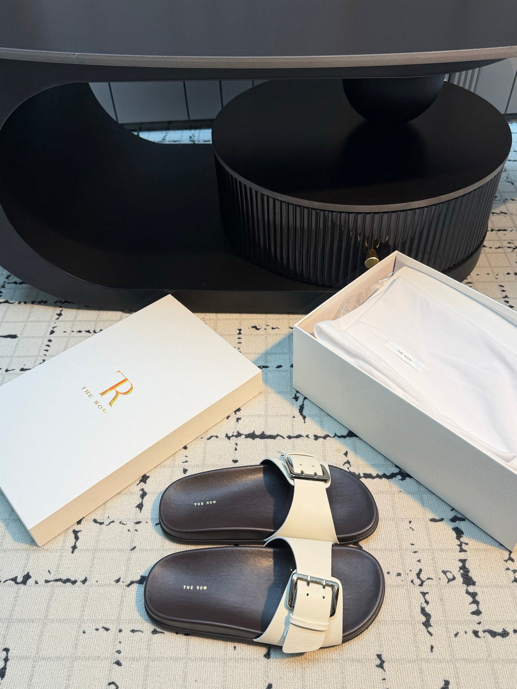 THE ROW 26S BUCKLE SLIDE SANDALS IN WHITE CALFSKIN