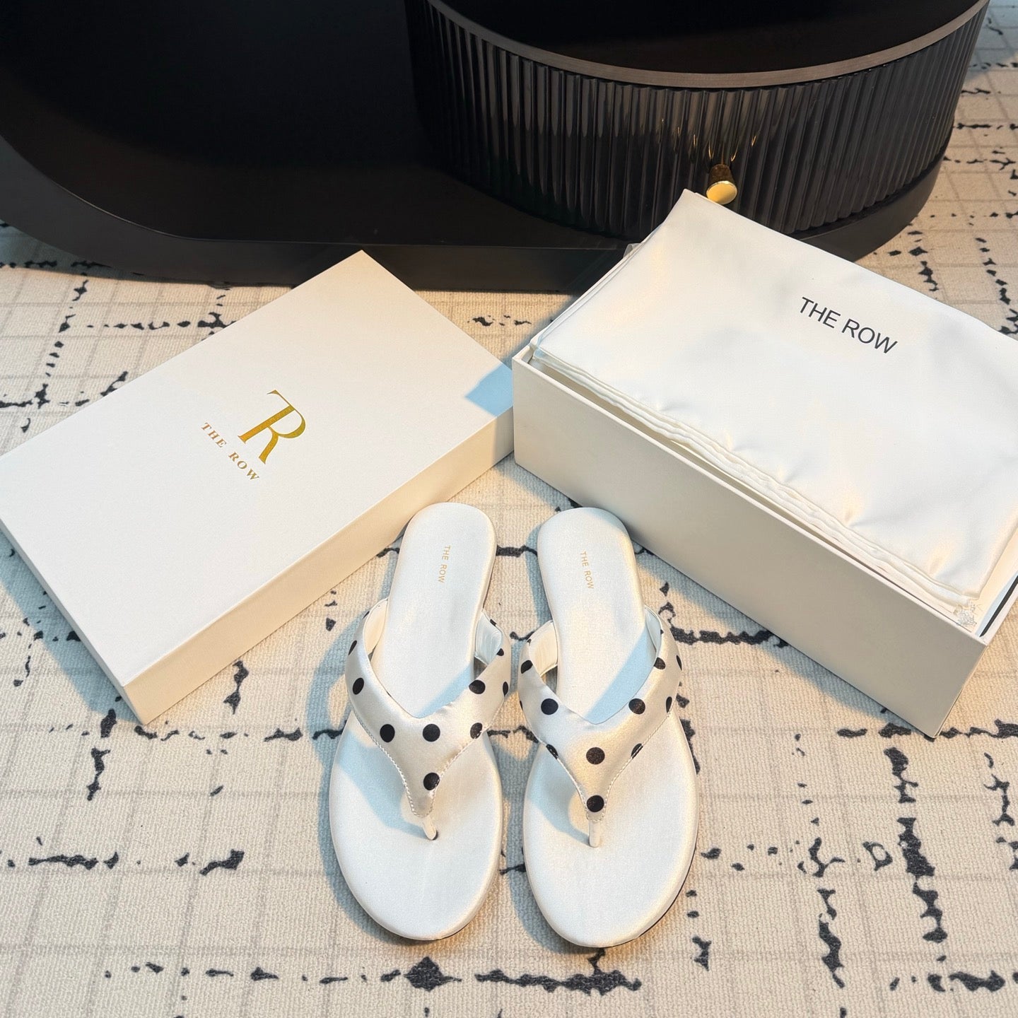 THE ROW 26S THONG SANDALS IN WHITE POLKA DOT SATIN