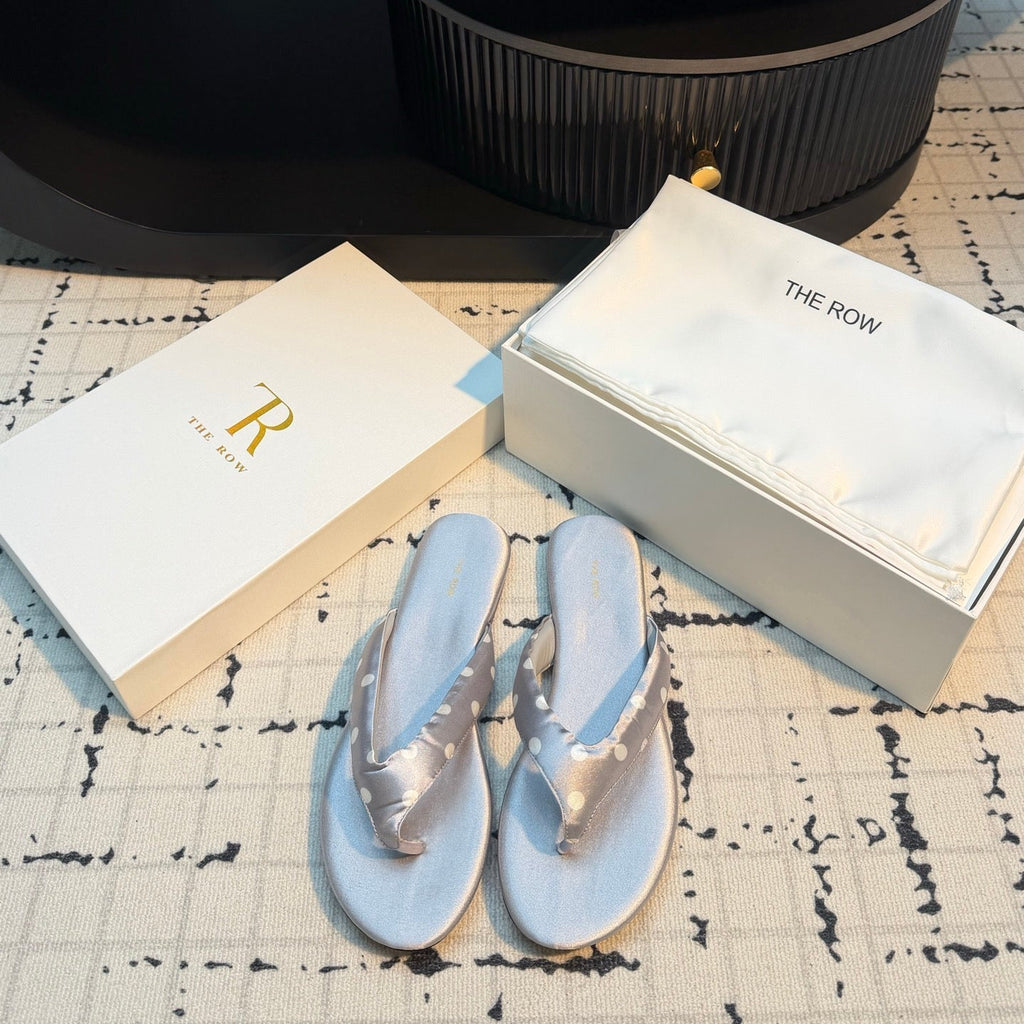 THE ROW 26S THONG SANDALS IN LIGHT GRAY POLKA DOT SATIN