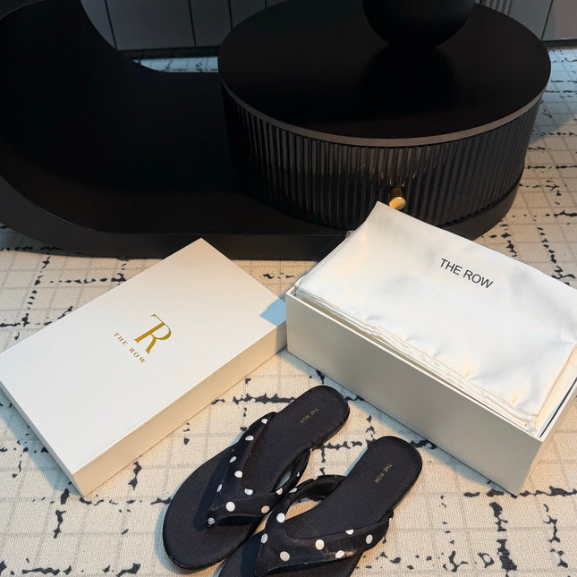 THE ROW 26S THONG SANDALS IN BLACK POLKA DOT SATIN