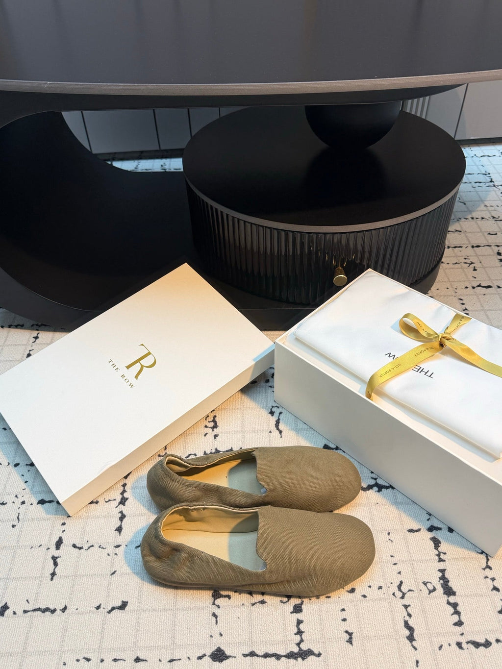 THE ROW 26S LOAFERS IN OLIVE GREEN CANVAS