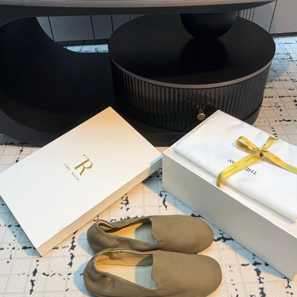 THE ROW 26S LOAFERS IN OLIVE GREEN CANVAS